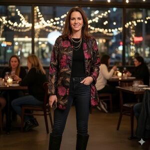 Chico’s 100% Silk Haori Beaded Floral Jacket Black Pink Purple Green Size 0